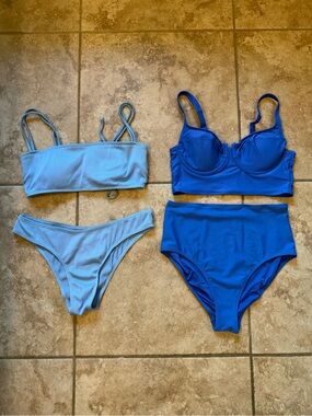 Old Navy Balconette swim top & high waisted bottoms & Zaful Blue Ribbed Swimsuit